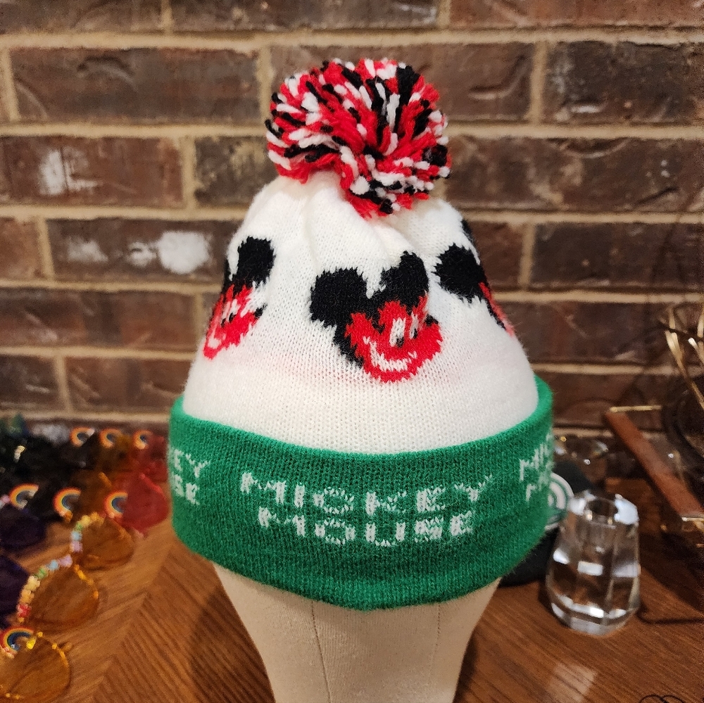 Mickey Mouse Kids Pom-Pom Beanie - White, Red, Green